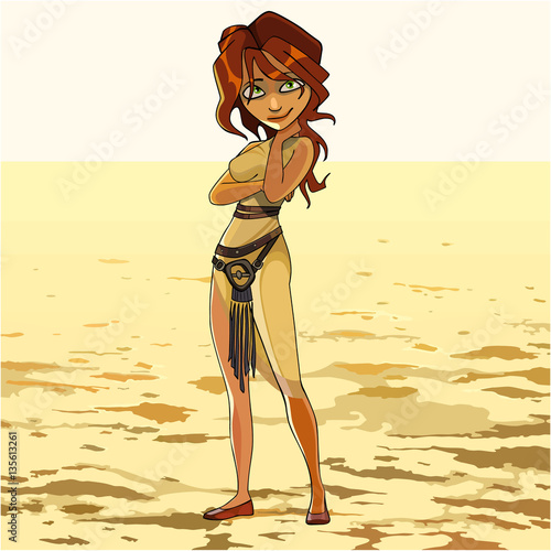 cartoon woman with a beautiful belt in the desert