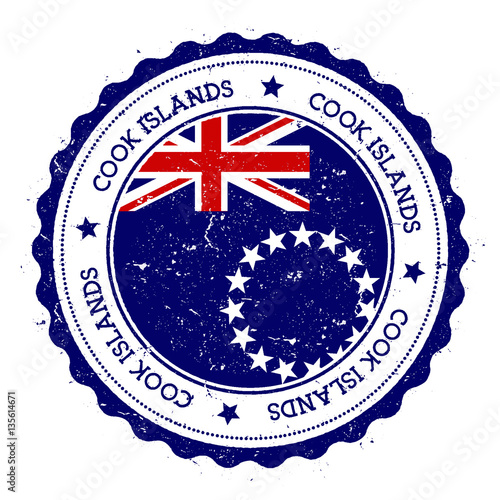 Cook Islands flag badge. Vintage travel stamp with circular text, stars and island flag inside it. Vector illustration.
