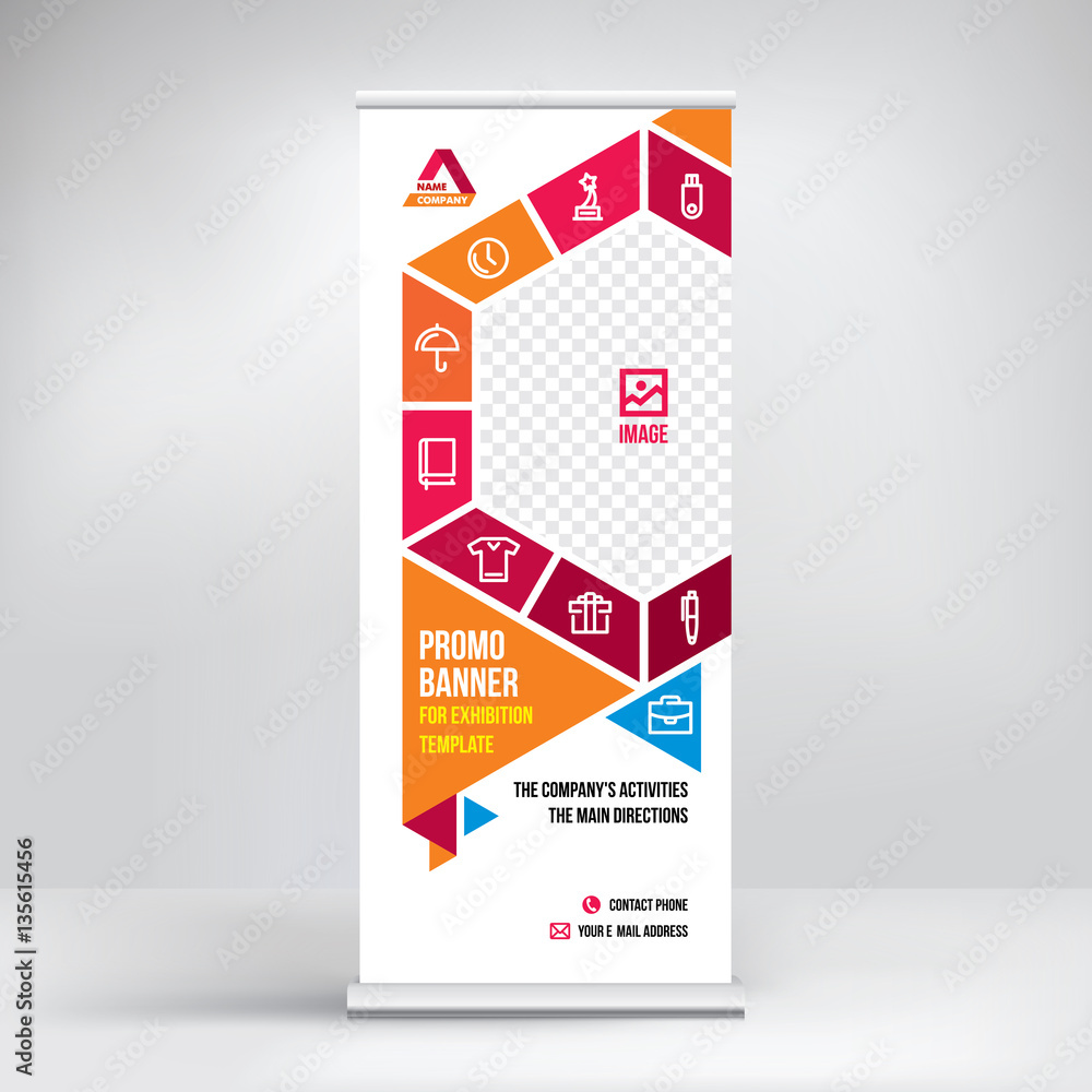 Promo banner roll-up design, business concept for promo products. Graphic template roll-up for exhibitions, banner for seminar, layout for placement of photos. Universal stand for conference, vector Promo banner roll-up design, business concept for promo products. Graphic template roll-up for exhibitions, banner for seminar, layout for placement of photos. Universal stand for conference, vector