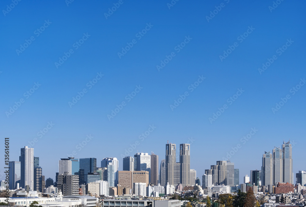 新宿高層ビル群　快晴　青空　大空コピースペース