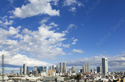 新宿高層ビル群 快晴 青空 大空コピースペース 青空に流れる白い雲