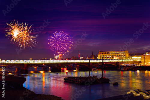 London skyline sunset fireworks on Thames