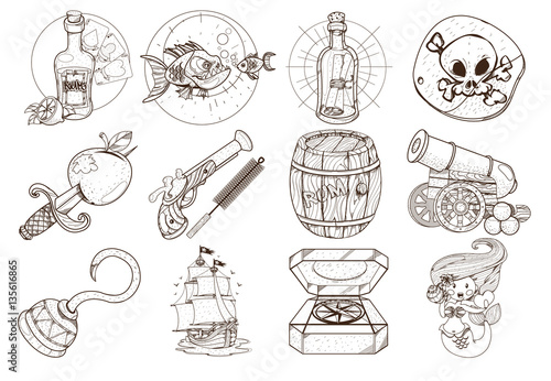 Set outline illustrations for coloring on the theme of pirates. Attributes and different things sea robbers. Adventure clipart.