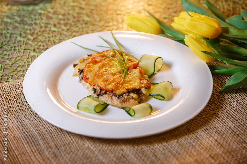 baked chicken cutlet with cheese and mushrooms baked chicken cutlet with cheese and mushrooms