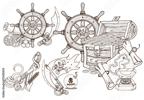 Medieval adventure. Treasures of the and sea attributes. Set of black and white illustrations for coloring outline of pirated items.