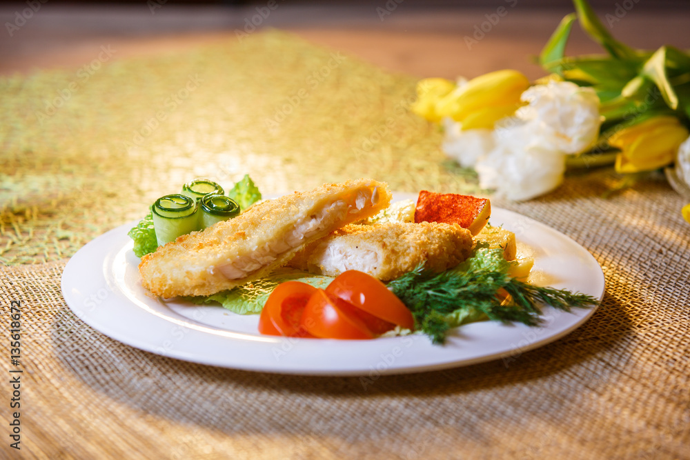 chicken schnitzel with vegetables Breaded chicken schnitzel with vegetables Breaded