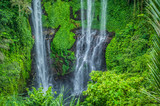 A part of Sekumpul Waterfall in the jungle with clear water falling on stone cliffs and green trees all around, Bali, Indonesia