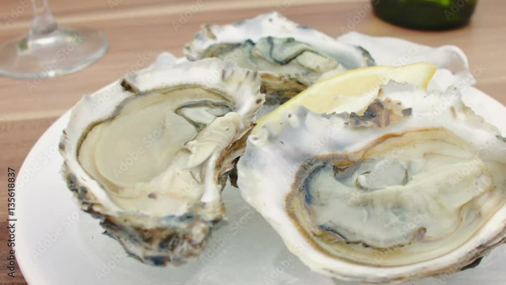 Fresh oysters with lemon on ice. The circular movement of the camera, very close up Fresh oysters with lemon on ice. The circular movement of the camera, very close up