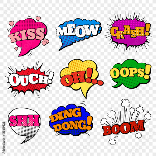 Speech bubble in pop art style. Set of comic text signs in bright colors. Sound effects icons. Vector illustration