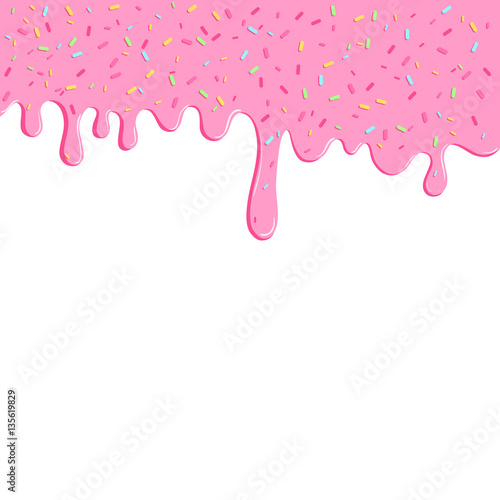 Background with pink donut glaze. Many decorative sprinkles. Easy to change colors. Pattern design for banner, poster, flyer, card, postcard, cover, brochure. Vector illustration photo