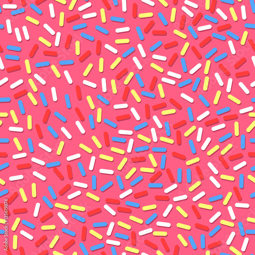 Seamless pattern of pink donut glaze with many decorative sprinkles. Easy to change colors. Design for banner, poster, flyer, card, postcard, cover, brochure. Vector illustration