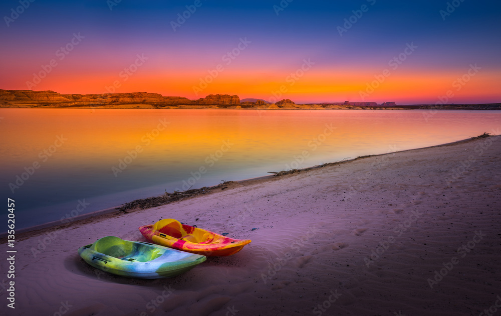 Kayaking Lake Powell Lone Rock at Sunset Utah USA Kayaking Lake Powell Lone Rock at Sunset Utah USA