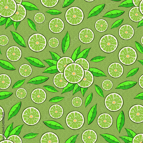 Citrus slices and leaves. Seamless pattern. Vector illustration.