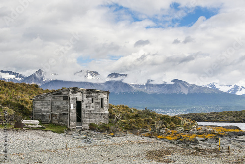 Old hut on a island in the Beagle Channel. National Park Tierra del Fuego in Ushuaia, Argentina