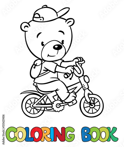 Coloring book of little funny bear on bicycle