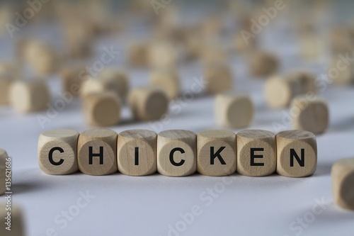 chicken - cube with letters, sign with wooden cubes