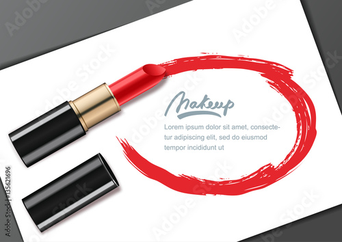 Vector banner design template with red lipstick and lipstick smears frame, isolated on white. Beauty and makeup background. Makeup, beauty industry and cosmetics concept.