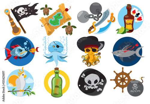 Set illustrations on the theme of pirates and marine inhabitants. Fairy-tale cartoon characters and objects. Rogues and trophies.