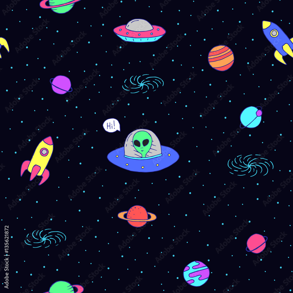 Seamless cartoon space pattern with aliens, rockets, planets, stars over the night sky background Seamless cartoon space pattern with aliens, rockets, planets, stars over the night sky background