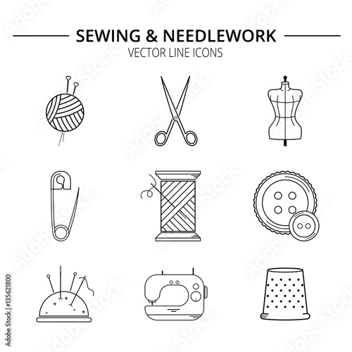 Set of sewing and needlework line icons.