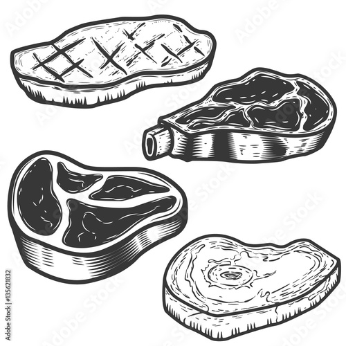Set of raw meat and grilled meat illustrations isolated on white