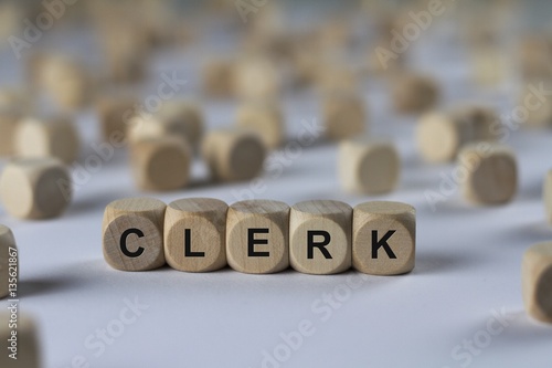 clerk - cube with letters, sign with wooden cubes