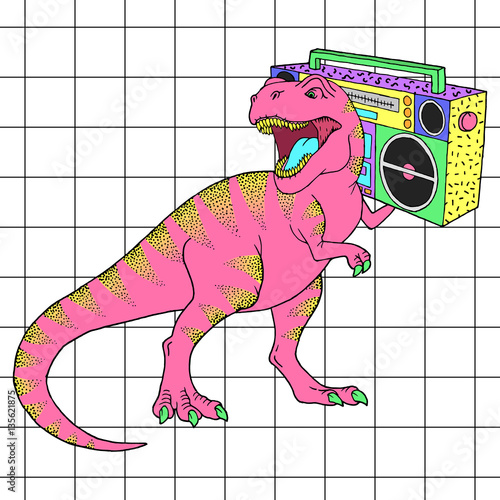 Tyrannosaurus Rex with boombox in retro 80s style. Vector illustration