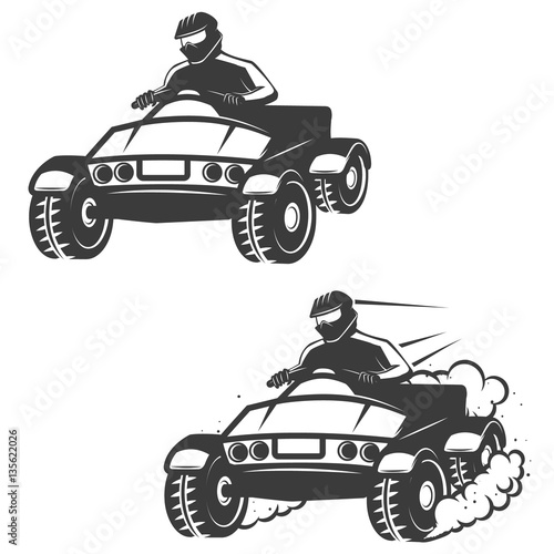 Set of quad bike with driver icons isolated on white background.