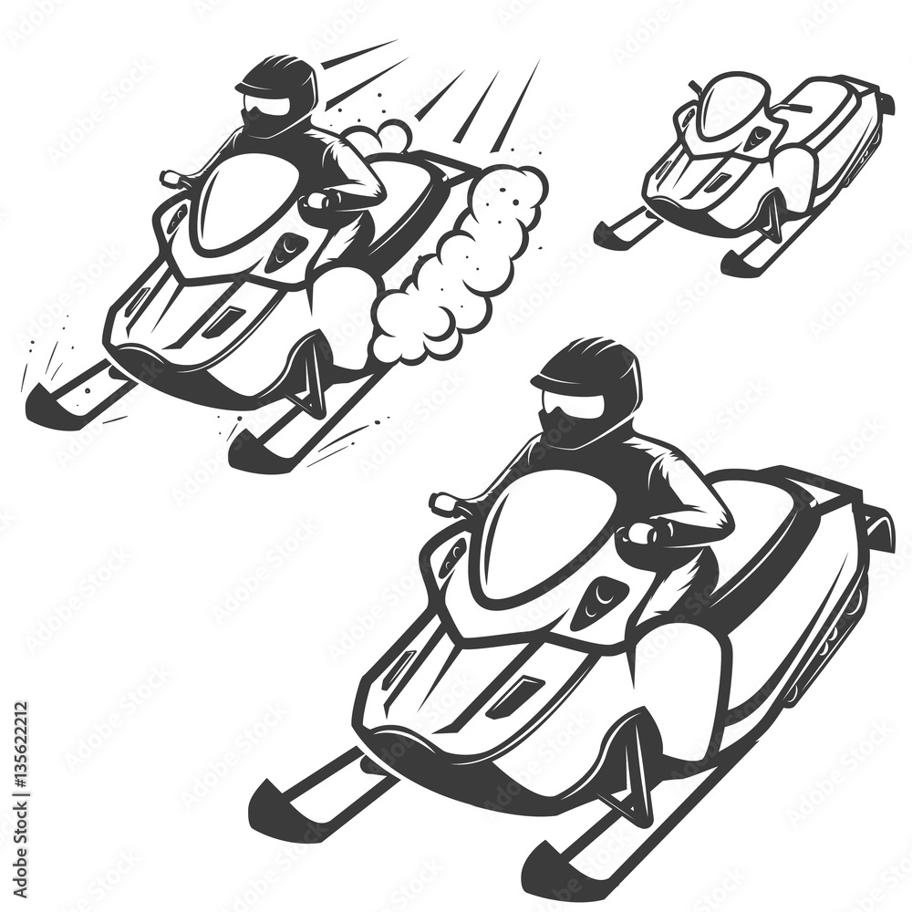 Set of snowmobile illustrations with driver isolated on white ba Set of snowmobile illustrations with driver isolated on white ba