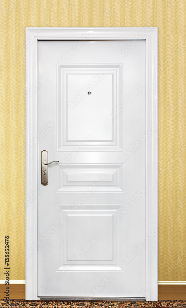 Fototapeta premium Flat front view of a family home door. White color. Yellow color wall.