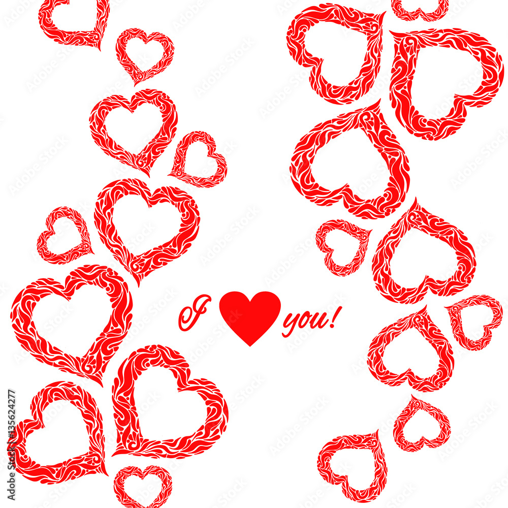 Elegant greeting card for Valentines Day with ornate red hearts and inscription I love you. Pattern for Valentines Day, Mother's Day, wedding invitation design Elegant greeting card for Valentines Day with ornate red hearts and inscription I love you. Pattern for Valentines Day, Mother's Day, wedding invitation design