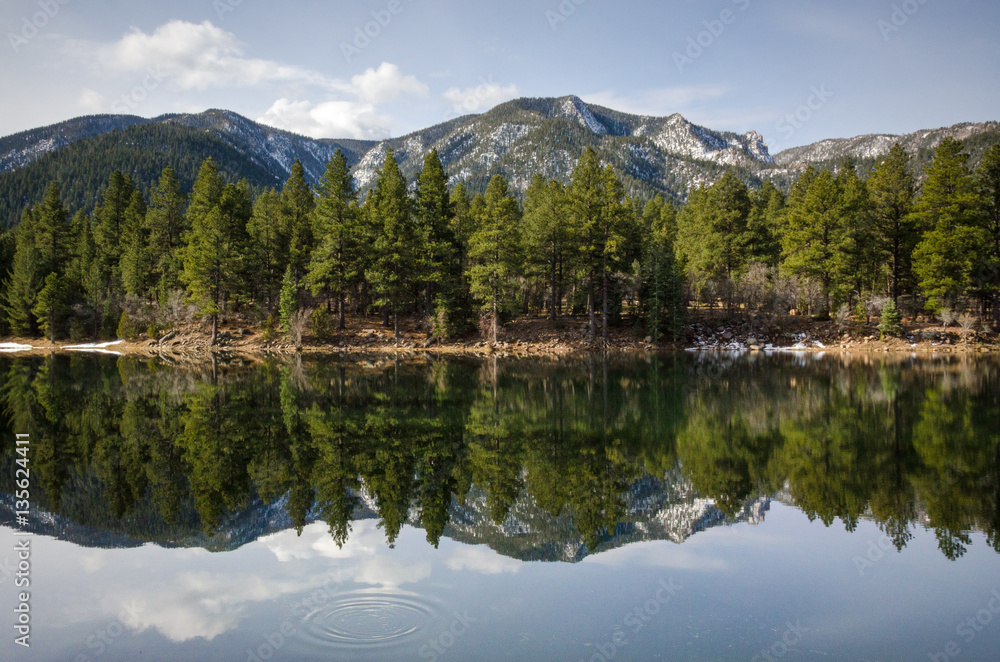 Trees and snow capped mountains reflected in lake in Dixie National Forest, Utah.