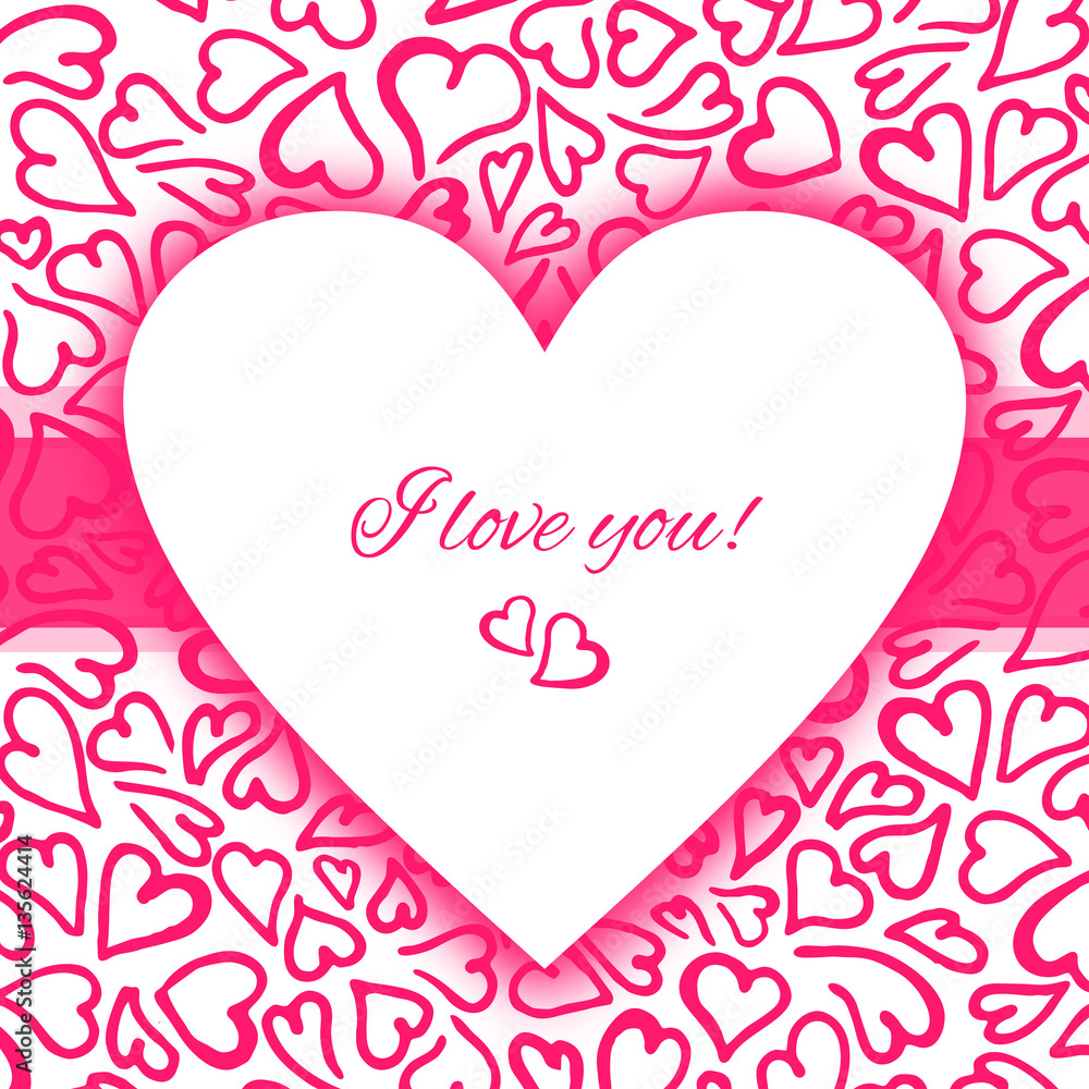 Beautiful greeting card for Valentines Day with doodle pink hearts and text I love you. Pattern for holidays, Mother's Day, wedding invitation design Beautiful greeting card for Valentines Day with doodle pink hearts and text I love you. Pattern for holidays, Mother's Day, wedding invitation design