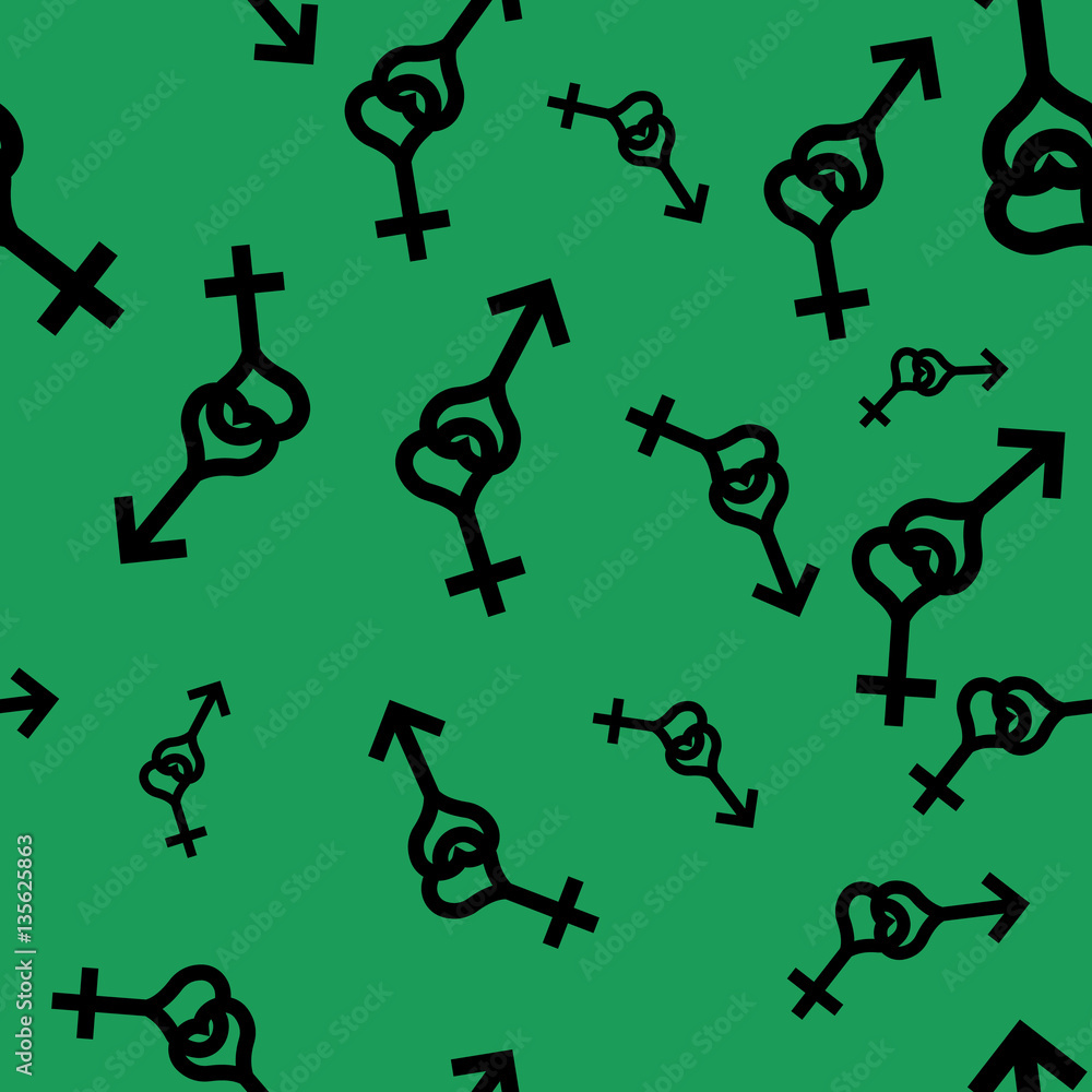 Seamless pattern of female and male romantic collection. Female and male small black heart signs of different sizes. Pattern on green background. Vector illustration Seamless pattern of female and male romantic collection. Female and male small black heart signs of different sizes. Pattern on green background. Vector illustration
