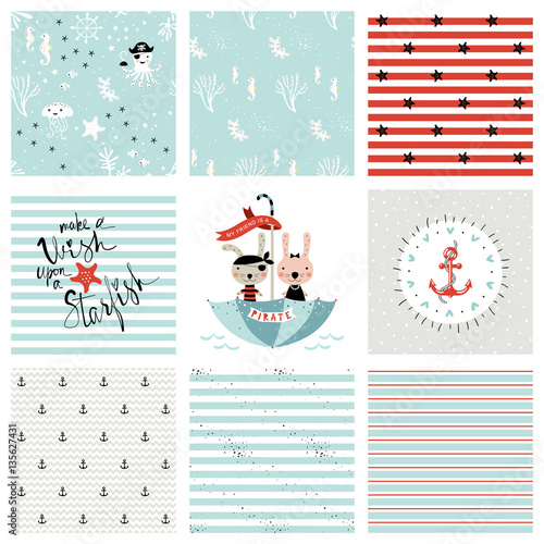 Creative seamless patterns and prints set. Pirate and marine design. Vector illustration. 