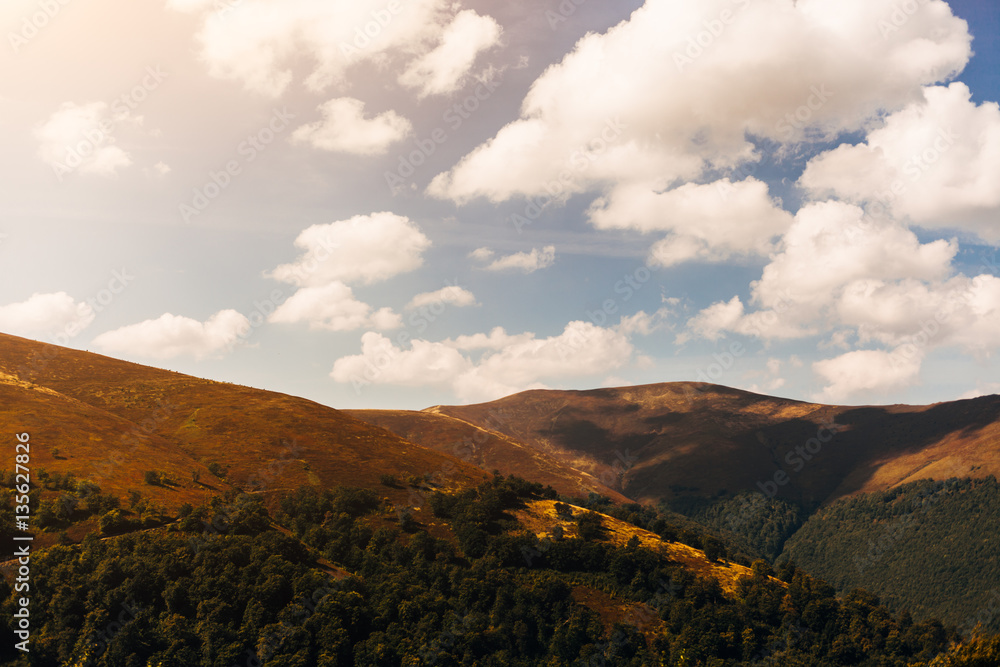 Mountain range in the Carpathians under the blue sky. Ukraine