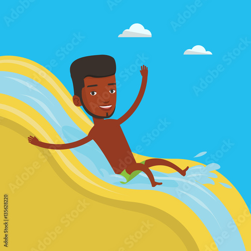Man riding down waterslide vector illustration.