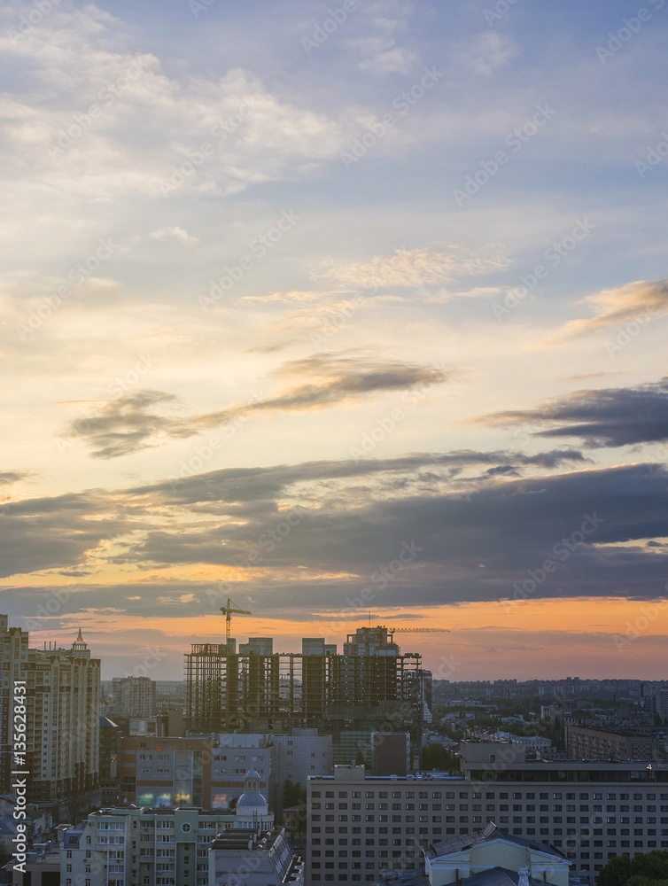Summer evening in Voronezh .Cityscape from rooftop. Beautiful warm sunset 