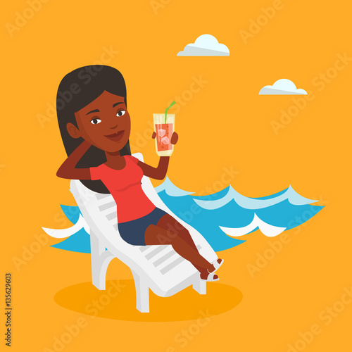 Woman relaxing on beach chair vector illustration.