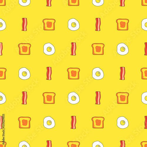 Cute seamless pattern with toast, bacon and eggs. Cartoon food and drink background in vector