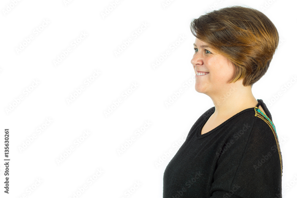 Smiling girl in black top with white background Smiling girl in black top with white background