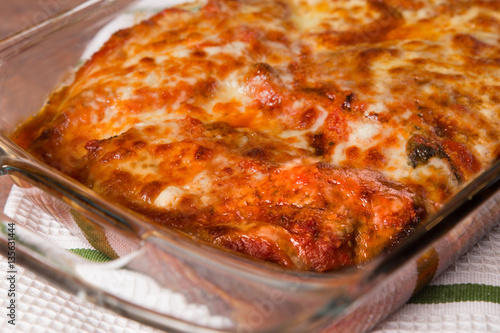 Pan of authentic traditional Chicken Parmigiana 
