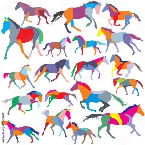 Set of vector colorful trotting and galloping horses silhouettes