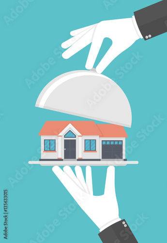 Hand with white glove holding a house model on a silver platter. Presenting a new house concept. Flat design