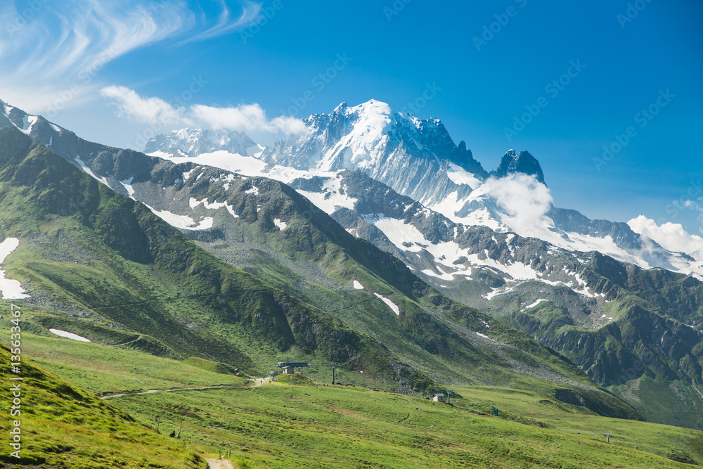Mountain valley and snow covered peaks of the French alps