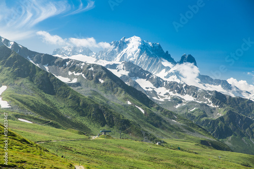 Mountain valley and snow covered peaks of the French alps