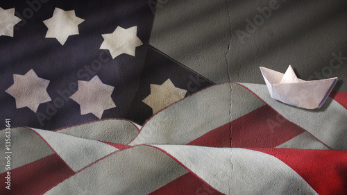 Usa Flag Turbulent Waves and Paper Boat on Plaster