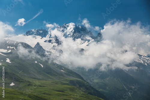Snow, ice, and clouds surround the French Alps above Chamonix.