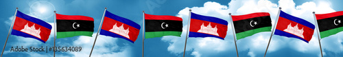 Cambodia flag with Libya flag, 3D rendering