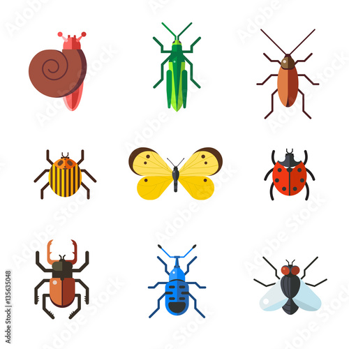 Insect icon flat set isolated on white background
